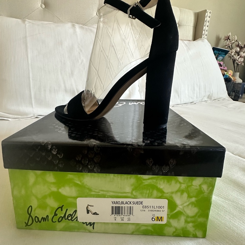 Sam Edelman Black Suede Block Heel Ankle Strap Sandals